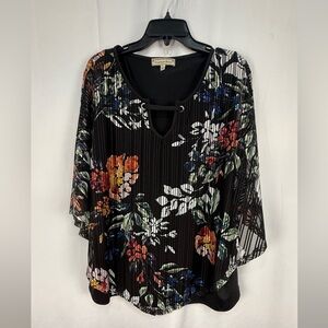 Vintage Rose Black and Orange Pleated Blouse with Relaxed Fit Size 1X